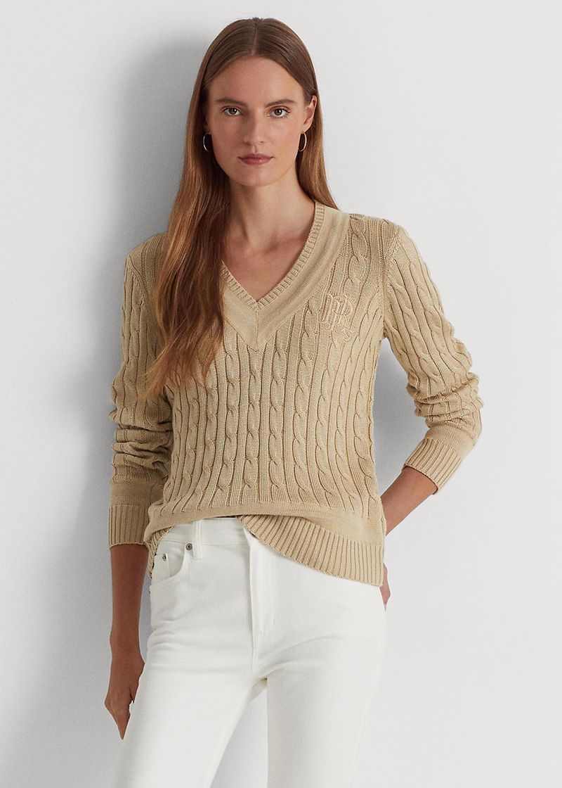 Sweater Lauren Damska Brązowe Cable-Knit Cricket Jumper 253904-GIS